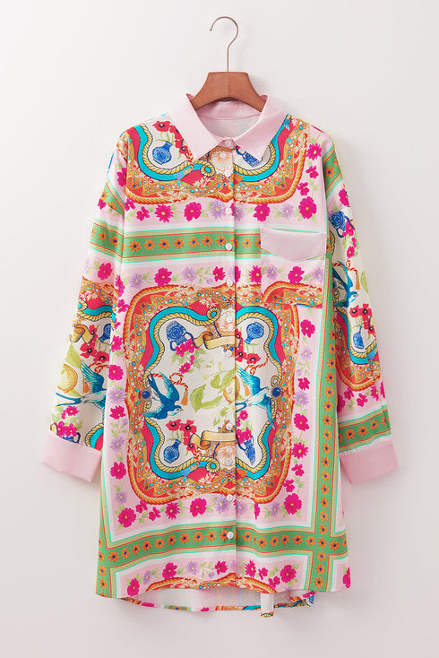 Boho Floral Print Buttoned Long Sleeve Shirt Dress