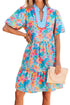 Floral Print Scallop Striped Trim V Neck Mini Dress