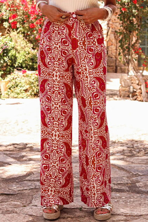 Bohemian Paisley Print Buttoned High Waist Wide Leg Pants