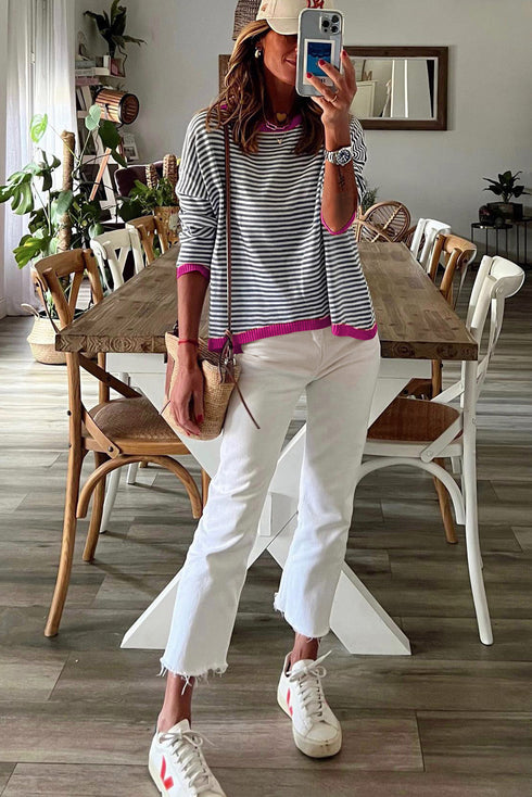 Striped Print Trim Detail Drop Shoulder Sweater