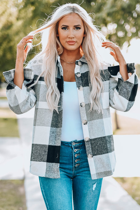 Paneled Pocketed Button Down Long Sleeve Plaid Shacket