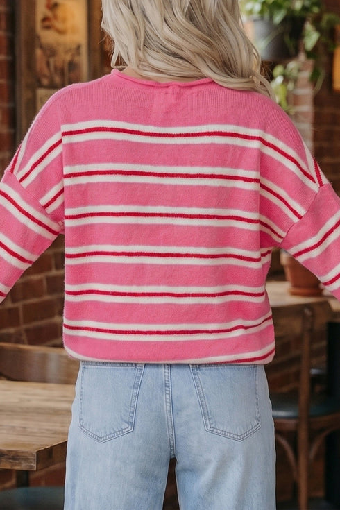 Acrylic Striped Pattern Drop Shoulder Button Cardigan