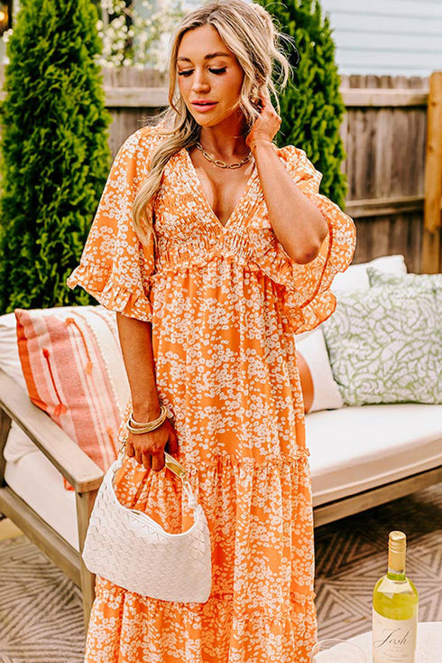Floral Print Smocked V Neck Wide Sleeve Maxi Dress