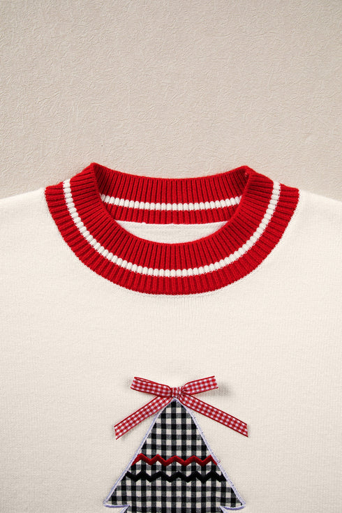 Plaid Tree Applique Round Neck Loose Sweater