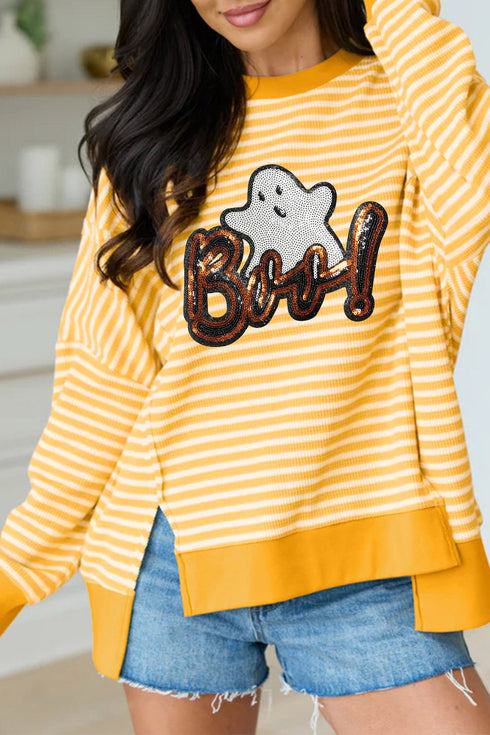 Boo Sequin Ghost Stripe Split Hem Long Sleeve Tee