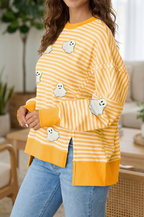 Ghost Patch Stripe Print Round Neck Long Sleeve Tee