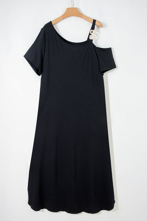 Solid Asymmetric Shoulder Detail Short Sleeve Maxi Dress