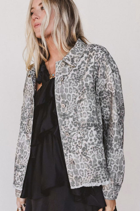 Leopard Print Studded Collar Patch Pocket Denim Jacket