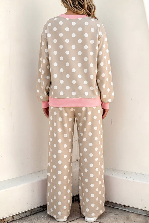 Polka Dot Trim Long Sleeve Top Drawstring Shift Pant Set