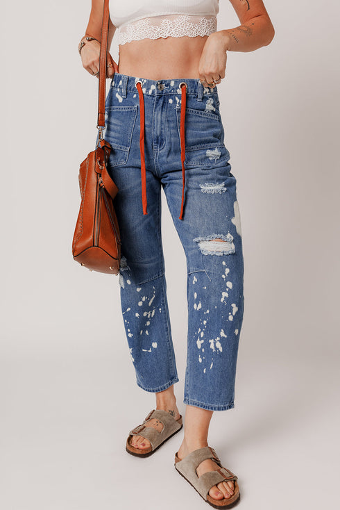 Distressed Splatter Paint Rope Waist Cropped Straight Leg Jeans