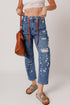Distressed Splatter Paint Rope Waist Cropped Straight Leg Jeans