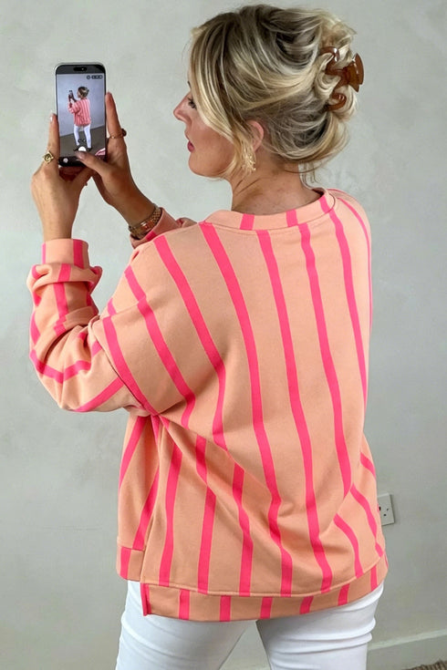 Stripe Print Dropped Shoulder Round Neck Sweatshirt