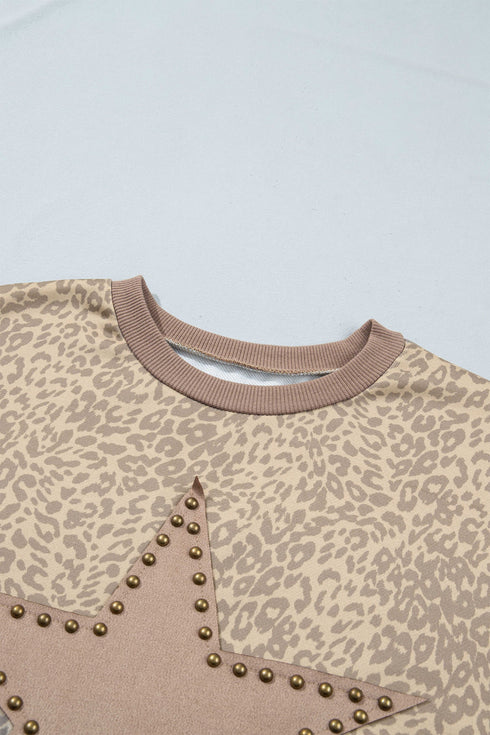 Beaded Leopard Star Applique Long Sleeve Loose Pant Set