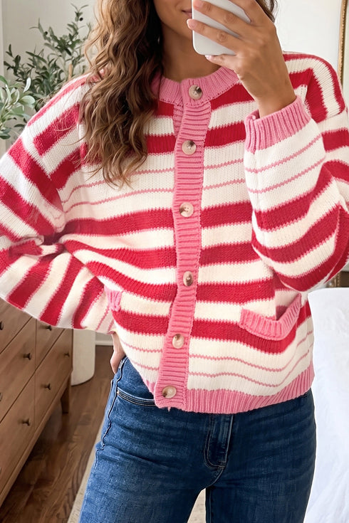Striped V Neck Long Sleeve Regular Fit Cardigan