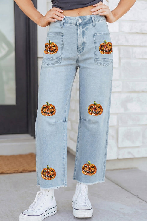Sequined Pumpkin Face Patchwork Festive Graphic Jeans