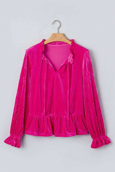 Velvet V Neck Ruffled Cuff Hem Long Sleeve Top