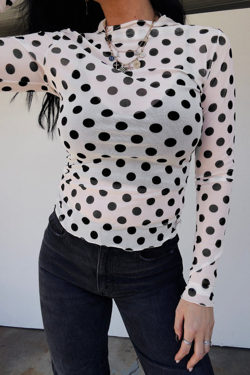 Sheer Polka Dot Mesh Stand Neck Long Sleeve Top