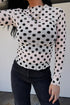 Sheer Polka Dot Mesh Stand Neck Long Sleeve Top