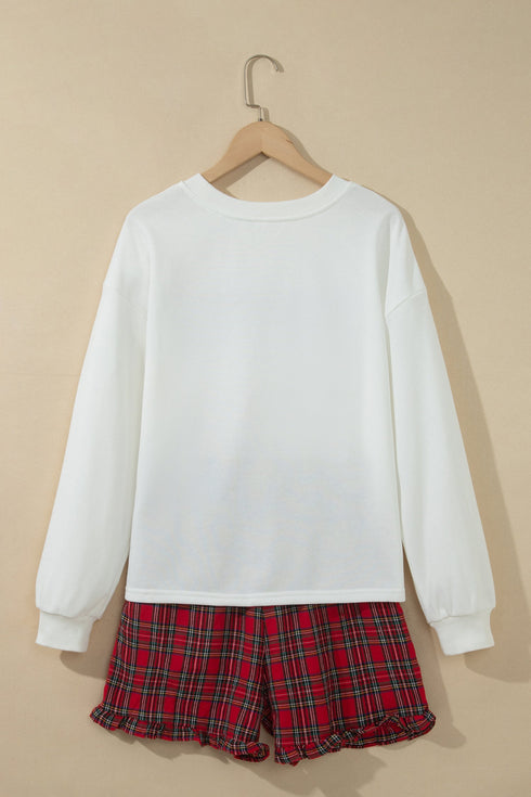 Plaid Slogan Embroidery Pocket Long Sleeve Lounge Set