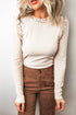 Ribbed Round Neck Frill Detail Long Sleeve Top
