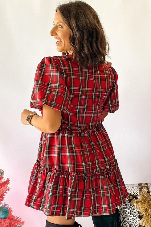 Plaid Knot Neck Short Sleeve Shift Midi Dress