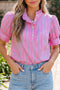 Striped Ruffle Trim Half Button Puff Sleeve Blouse
