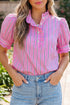 Striped Ruffle Trim Half Button Puff Sleeve Blouse