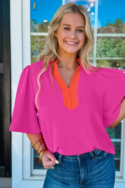 Southern Belle Paneled V Neck Wide Short Sleeve Blouse