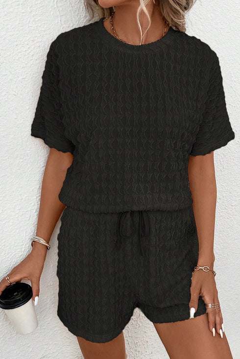 Solid Textured Frill Short Sleeve Drawstring Short Set