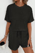 Solid Textured Frill Short Sleeve Drawstring Short Set