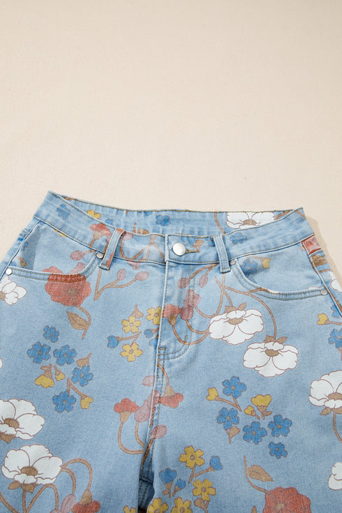 All Over Floral Print Raw Hem Wide Leg Jeans
