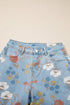 All Over Floral Print Raw Hem Wide Leg Jeans