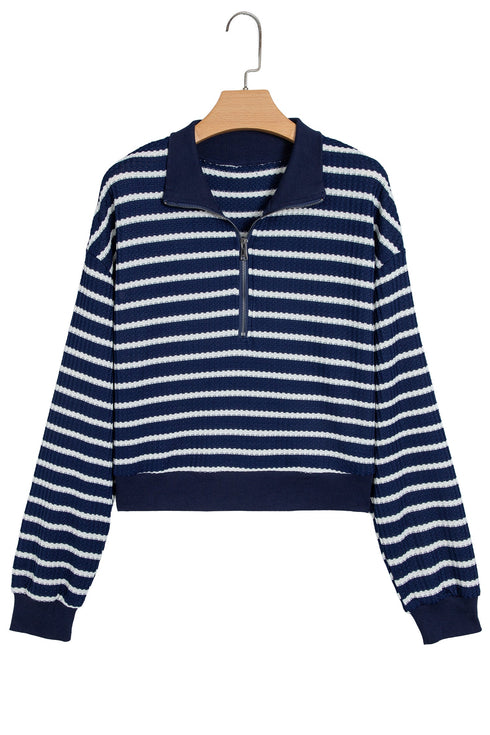 Striped Textured Knit Half Zip Collared Long Sleeve Top