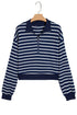 Striped Textured Knit Half Zip Collared Long Sleeve Top