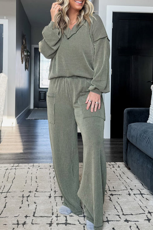 Four Leaf Clover Twisted Ribbed Exposed Seam V Neck Pullover Loungewear Set
