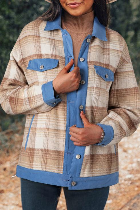 Casual Plaid Patchwork Flap Detail Button Up Shacket