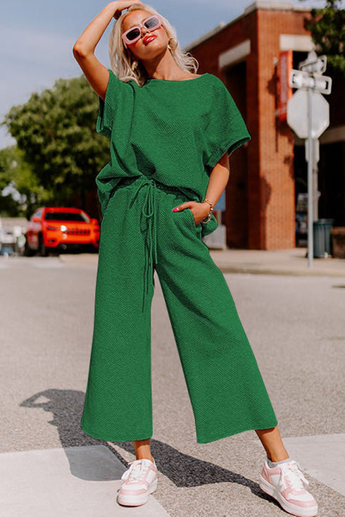 Textured Solid Loose Fit Wide Leg Pant Set