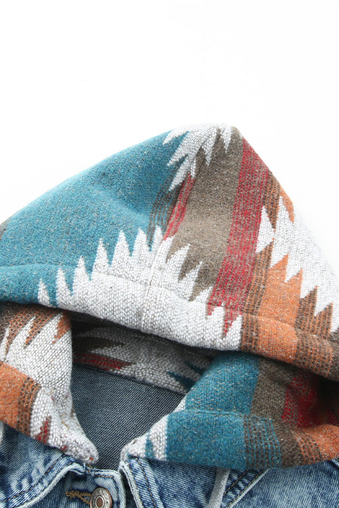 Aztec Print Patchwork Frayed Hem Western Denim Jacket