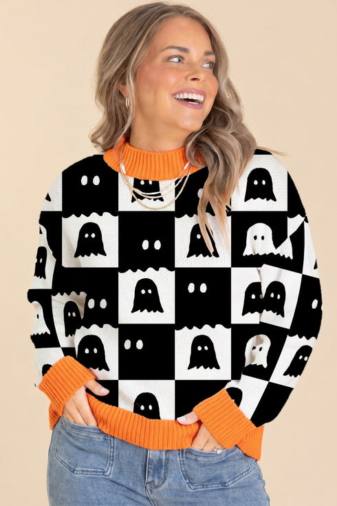High Neck Drop Shoulder Geometric Print Sweater