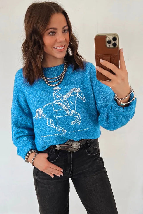 Acrylic Western Embroidery Drop Shoulder Pullover Sweater