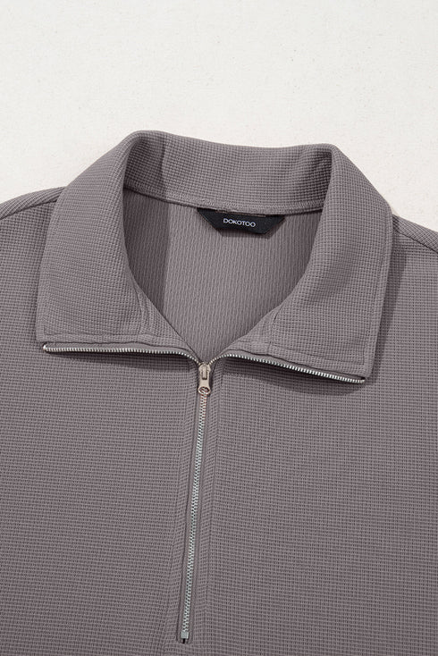 Waffle Textured Collar Half Zip Pocketed Drop Shoulder Sweatshirt
