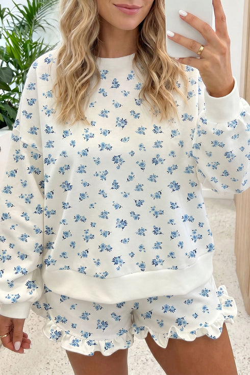 Floral Print Long Sleeve Top Elastic Waist Ruffle Hem Two Piece Short Set