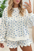 Floral Print Long Sleeve Top Elastic Waist Ruffle Hem Two Piece Short Set