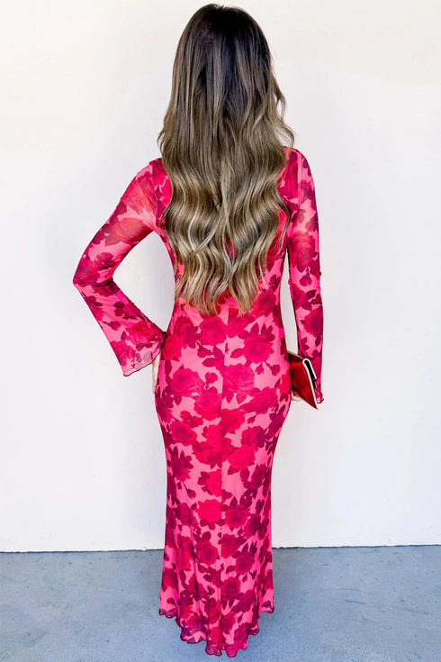 Floral Print Cuff Hem Serging Long Sleeve Sheath Maxi Dress