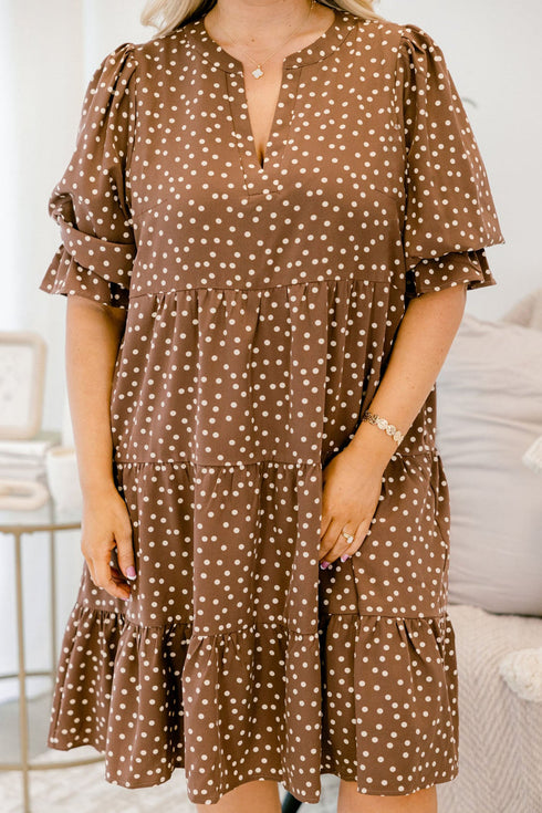 Polka Dot V Neck Long Sleeve Shift Mini Dress