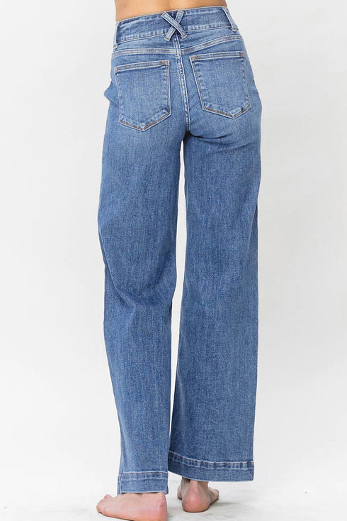 Double Button Zip Fly Wide Straight Leg Jeans
