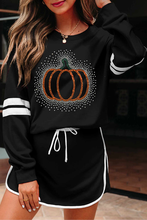 Polyester Cotton Rhinestone Pumpkin Graphic Pullover Sweatshirt