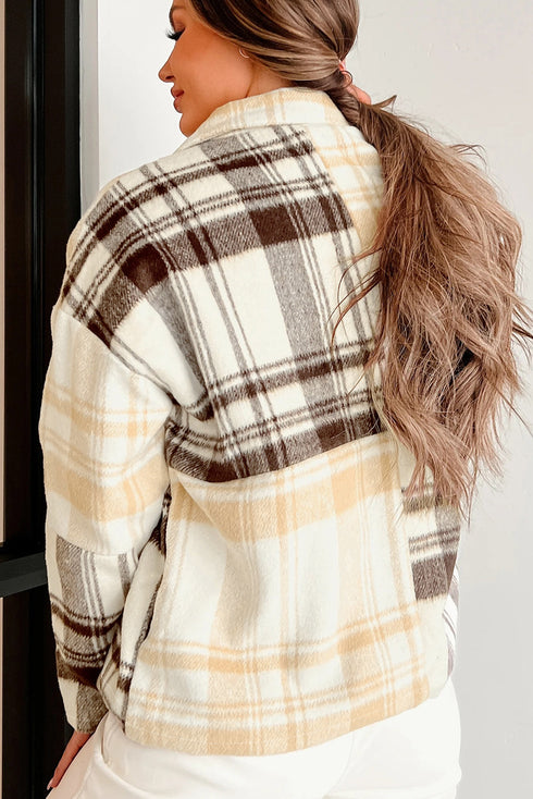 Button Front Patchwork Side Pocket Plaid Shacket