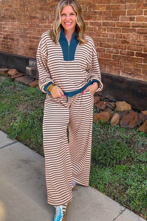 Striped V Neck Long Sleeve Lounge Set
