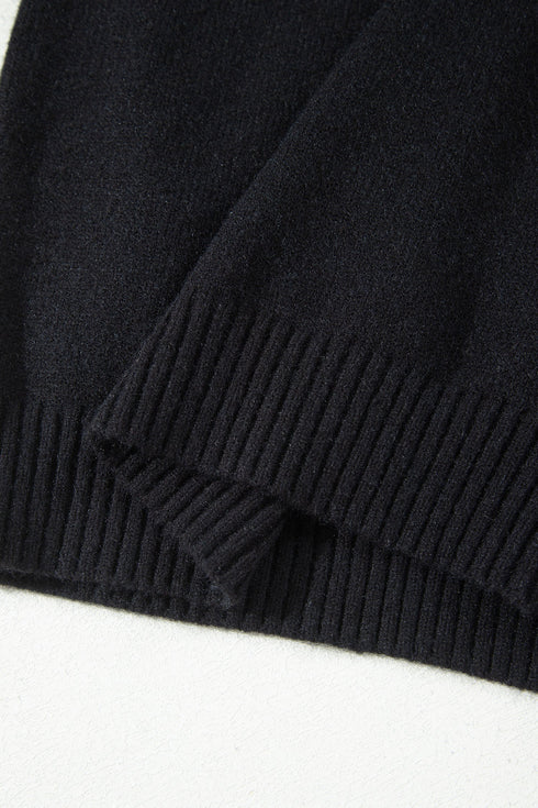 Denim Patchwork Collar Cuffed Mixed Texture Knit Sweater